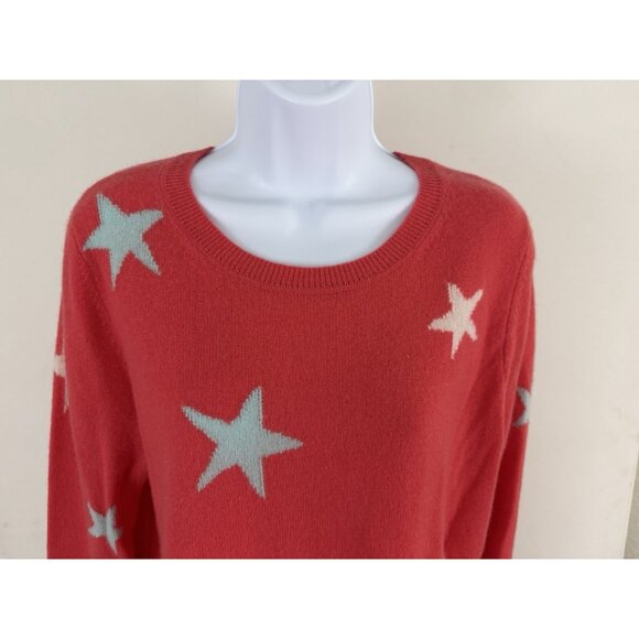 CYNTHIA ROWLEY Melon Pink 2-Ply Cashmere Star Print Crewneck Sweater Sz XL - Picture 2 of 5